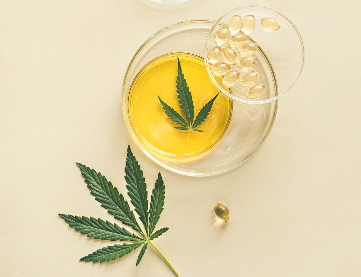 CBD oil in a pipette, THC tincture in laboratory round cups and marijuana leaves on light background